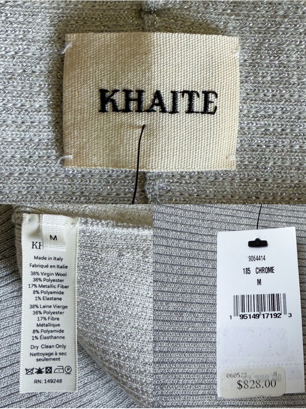 KHAITE Salma Off Shoulder Rib Knit Wool Top Long-Sleeve Chrome Medium NWT - Picture 6 of 10